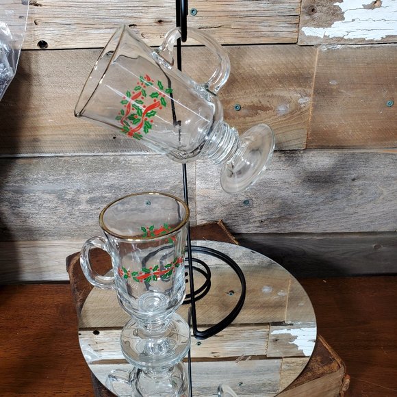 Libbey Irish Coffee Mugs - Green & Red Holly - Red Ribbon - Price for Pair - Picture 1 of 8